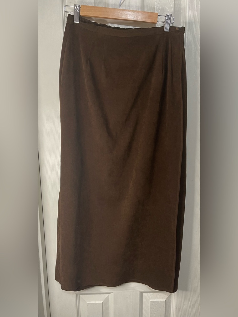 Vintage Chocolate Brown One Button 90’s Western Faux Suede Maxi Skirt size Large